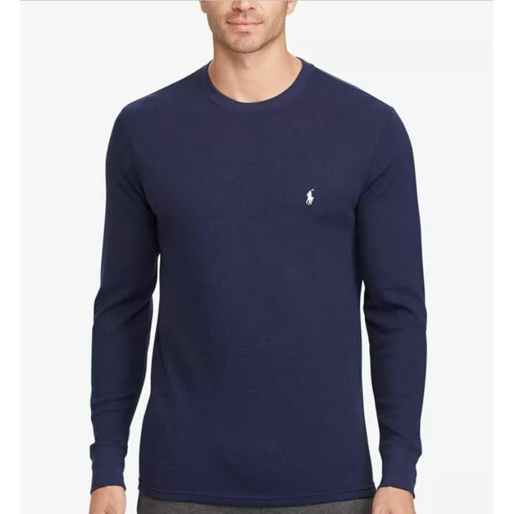 Polo Ralph Lauren Mens Navy Blue Waffle Knit Thermal Long Sleeve Shirt Medium